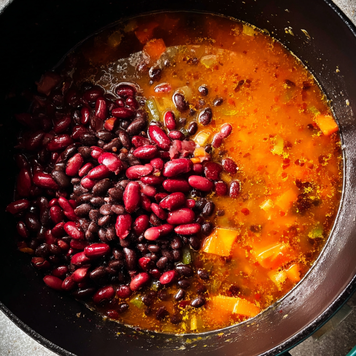 Overhead view of black beans and red kidney beans being added to the simmering chili base, along with a pour of rich vegetable broth. The beans soak up the vibrant tomato and spice mixture, building a thick, comforting chili that’s packed with protein and plant-based goodness.