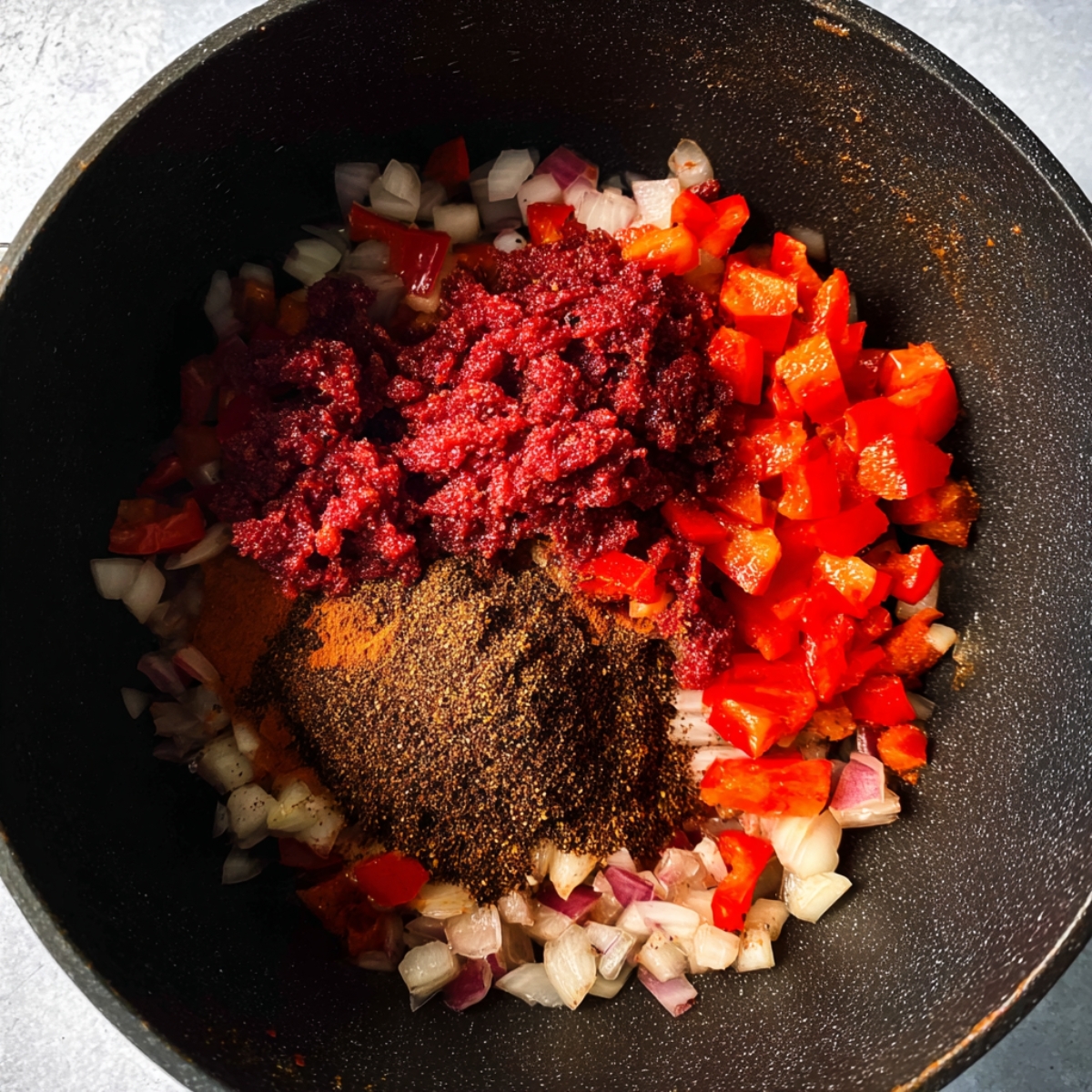 Close up of a black pot filled with diced onions and red bell peppers, topped with rich tomato paste and a heap of aromatic chili spices. This is the flavorful base for a hearty vegetarian chili, where every spice and vegetable will simmer together to create a depth of flavor that’s perfect for a cozy meal.