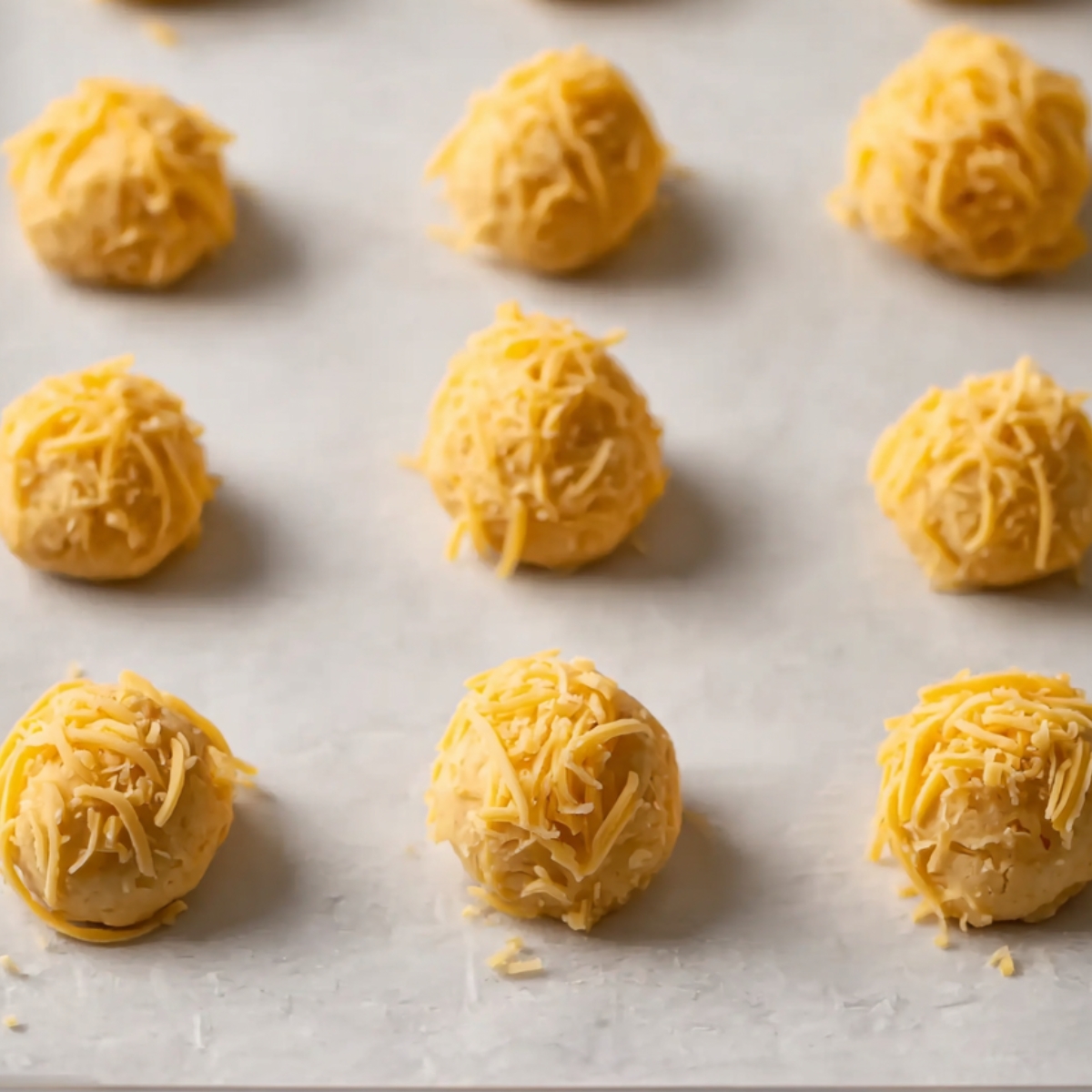 Close up of small balls of choux pastry dough topped with shredded cheese, neatly spaced on a parchment-lined baking sheet, ready to bake, overhead view, bright natural light, high detail.