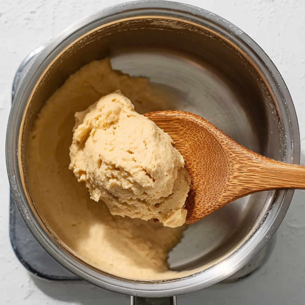 Close up of a wooden spoon scraping a smooth ball of choux pastry dough in a stainless steel saucepan on a white countertop, bright natural light, high detail, culinary photography style.