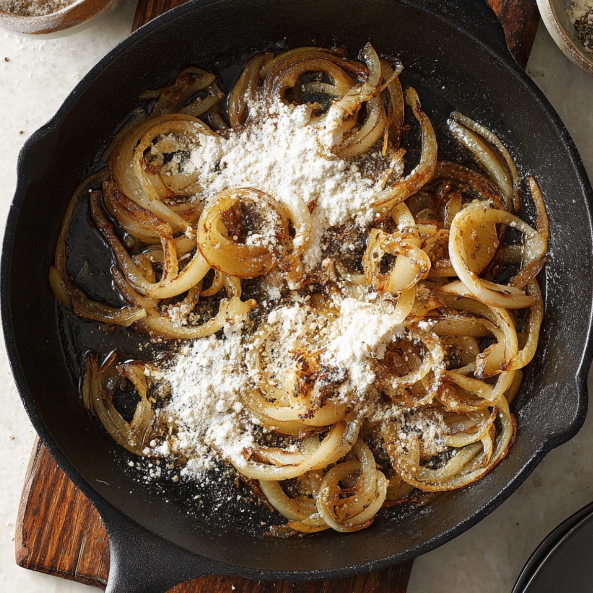 Golden caramelized onions ready for the gravy, sprinkled with flour to make it perfectly thick and flavorful.