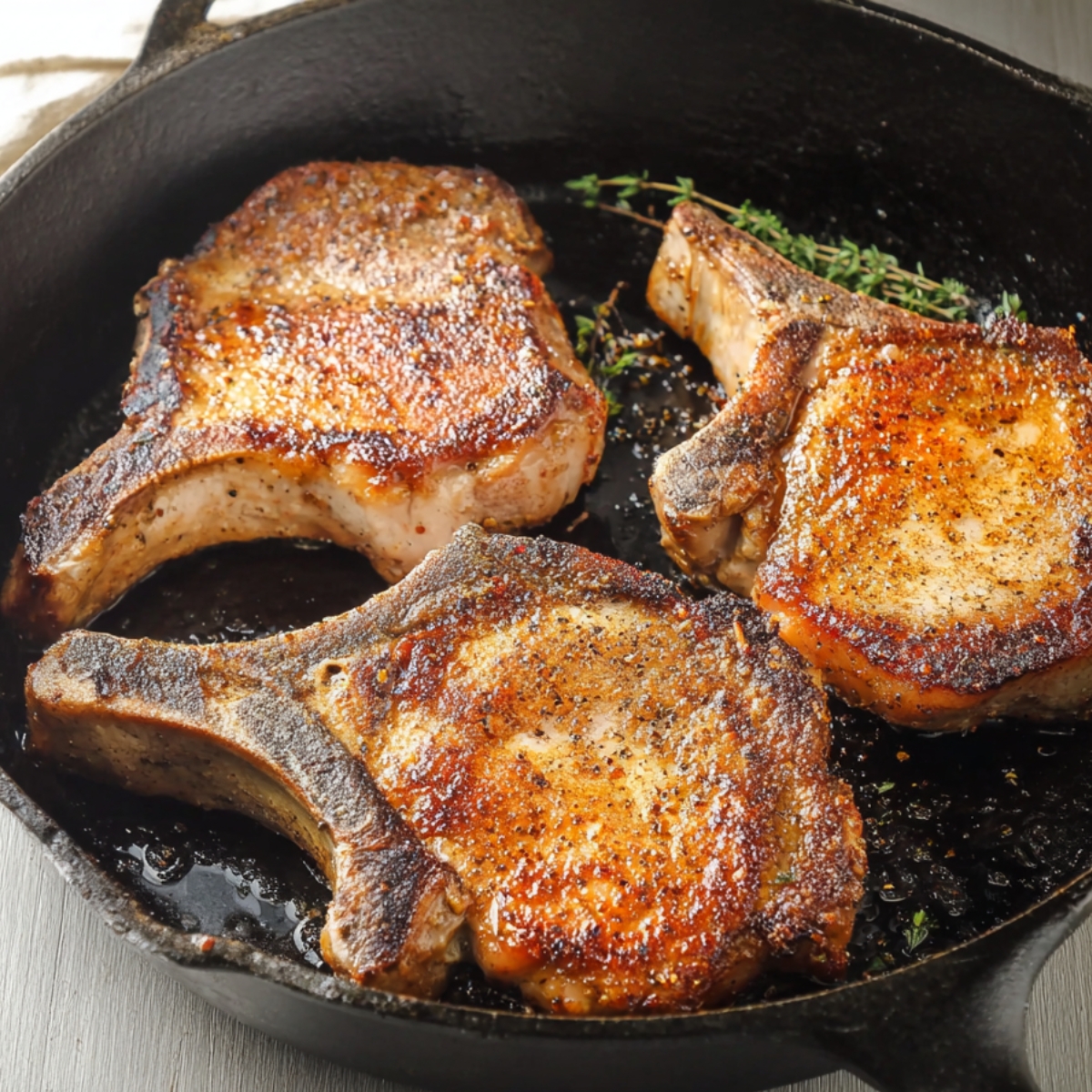 Perfectly seared pork chops with a golden crust, ready to be smothered in savory onion gravy.