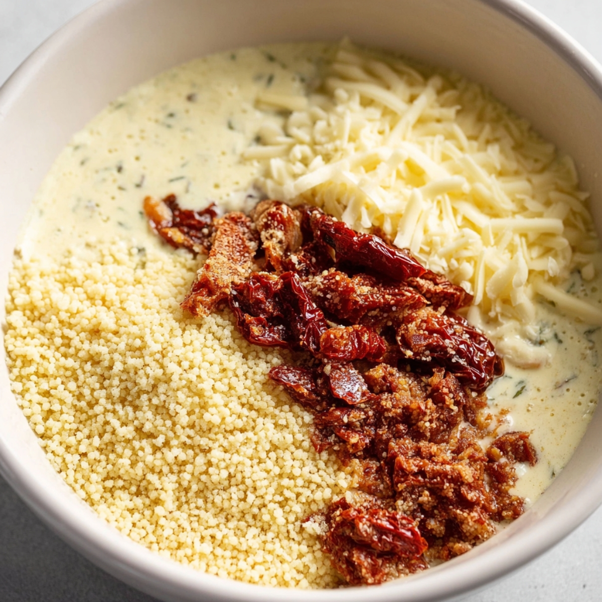 Close up of a bowl filled with ingredients including shredded cheese, couscous, sun-dried tomatoes, and a creamy sauce, showing a detailed view of the textures and colors in the mixture.